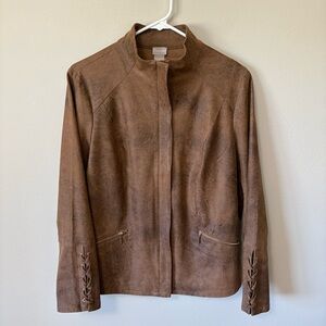 Chico’s Faux Leather Distressed Jacket Braided Lace Up Sleeves 1